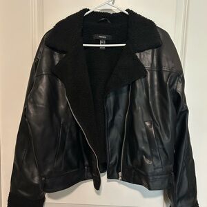 Forever 21 Black Faux Leather Jacket with Shearling Collar